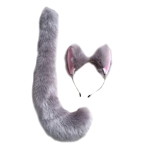 SZHYH 2pcs Plush Faux Fur Cat Fox Ears Headband Tail Set Christmas Halloween Party Cosplay - Grey