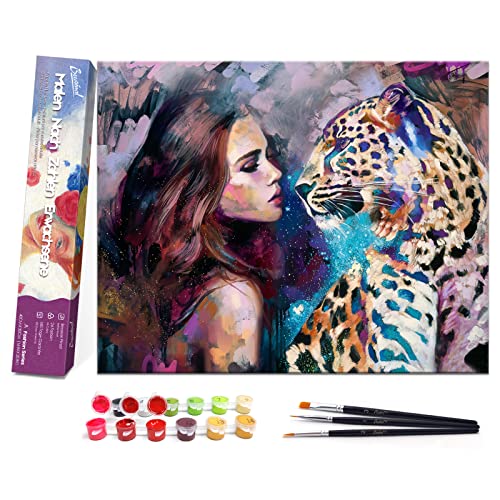 Bougimal Malen Nach Zahlen Erwachsene ohne Rahmen inklusive Pinsel und Acrylfarben - 40 x 50 cm, Frau und Leopard - Frau und Leopard - Ohne Rahmen