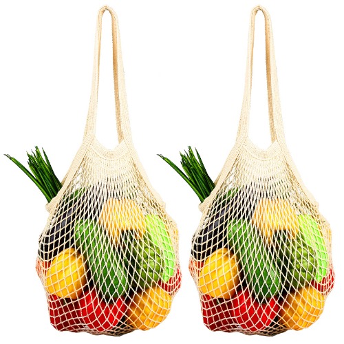 [2 Pack] Premium Mesh Grocery Bags, Reusable Produce Bags, Long Handle Net Tote Bags, 100% Cotton String Bags, Fruit and Vegetable Bags, Beige (Portable/Washable/Durable) - 