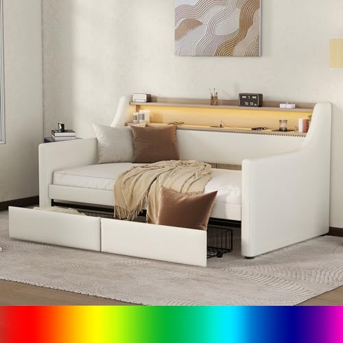 Twin Daybed with Storage Drawers and 2-Tier Storage Shelves, Pu Upholstered Daybed Frame with Led Light and Charging Station, Nailhead Trim, White Day Bed Frame Twin Size - Twin - White(drawer W/Shelf)