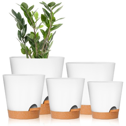 Plant Pots 7/6.5/6/5.5/5 Inch GARDIFE Self Watering Planters with Drainage Hole, Plastic Flower Pots, Nursery Planting Pot for Indoor Plants, Succulents,Snake Plant, African Violet, and Cactus,White - White