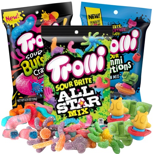 Trolli Extreme Sour Candy Unique Gummy Candies Mix, All Star Mix, Gummi Creations, and Bursting Crawlers, Pack of 3, 4.25 ounces each - 