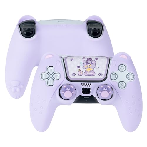 GeekShare Cute Bear PS5 Controller Skin Set Anti-Slip Silicone Protective Cover Skin Case for Playstation 5 Wireless Controller with 2 Thumb Grip Caps and 1 Sticker - Purple - Purple