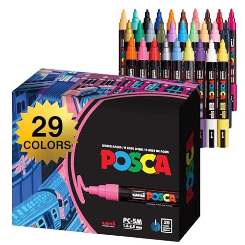 29 5M Medium Posca Markers with Reversible Tips, Set of Acrylic Paint Pens for Art Supplies, Fabric Paint, Fabric/Art Markers