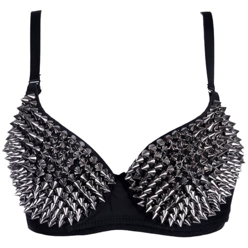 Kimring Women's Steampunk B Cup Spike Studs Rivet Party Club Rave Sport Bra Tops - X-Large - Grey