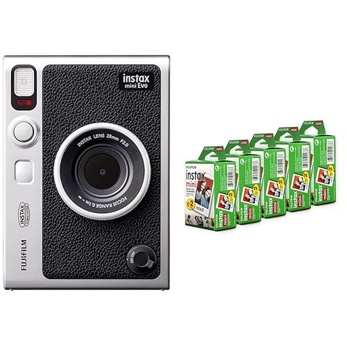Fujifilm Instax Mini EVO Black Bundle with Instax Mini Film, White Multi-Pack (100 Exposures) - Black - With 100 Exposures
