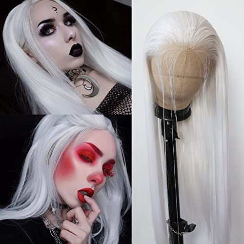 BTWTRY White Synthetic Lace Front Wig Long Straight Platinum Snow White Lace Front Synthetic Wig Pre Plucked Natural Hairline Glueless Heat Resistant Fiber Hair Wig for Fahison Women (White) - White