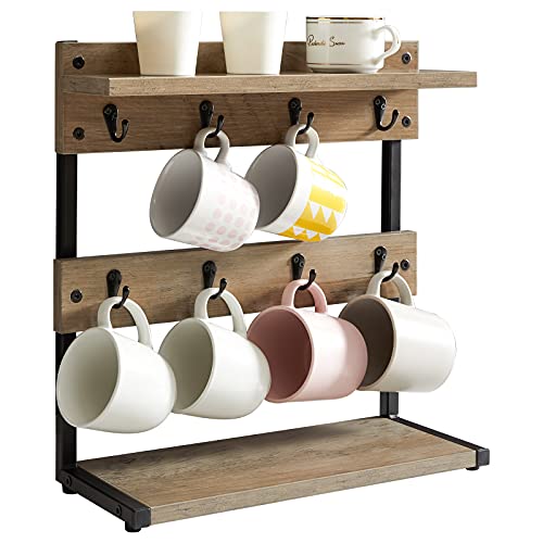 IBUYKE Rustic Coffee Mug Holder Stand, 2 Tier Countertop Mug Tree Holder Rack with Storage Base, Vintage Mug Holders for Kitchen, Holds 8 Mugs, Greige UTBJ002Y - Greige