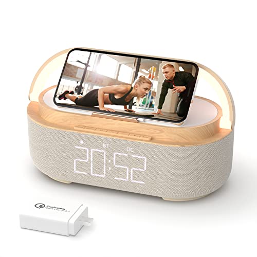 COLSUR 【2023 Newest】 Bluetooth Speaker with Digital Alarm Clock, Wireless Charger, FM Clock Radio, Adjustable LED Night Light, Dual Wireless Speakers,2500mAh Battery for Bedroom,Home, Adaptor (Wooden) - wooden