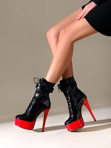 Botas de tobillos con plataforma, impermeables, de cordones cruzados y cremallera lateral, color negro