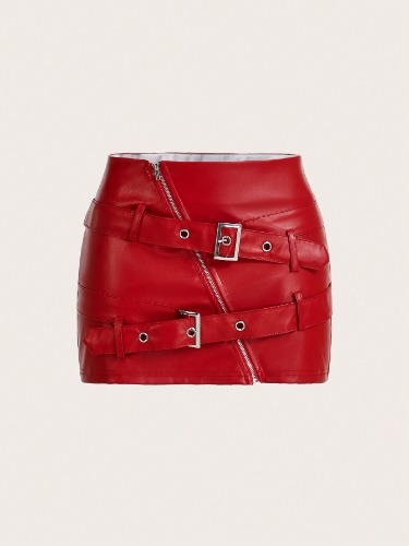 SHEIN ICON Mini falda negra de poliuretano Y2k con cremallera incliada y detalles de cinturón