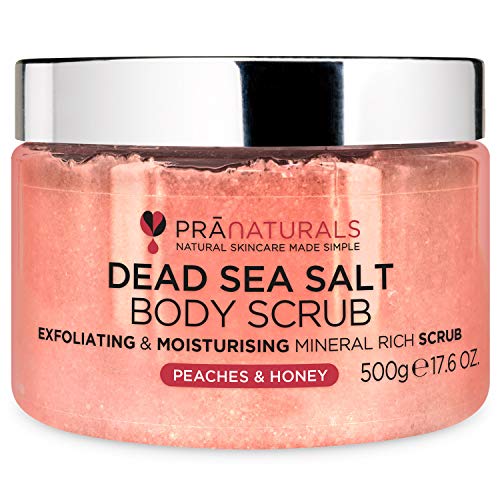 PraNaturals Dead Sea Salt Body Scrub 500G – Hydrating & Moisturising, Natural Oils & Minerals, Exfoliating, Softening & Nourishing, All Skin Types, No Parabens, Vegan & Cruelty Free (Peaches & Honey) - Peaches & Honey