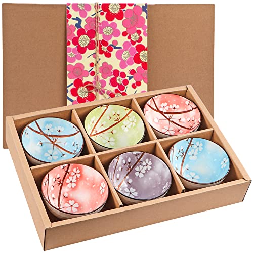 Skelang Ceramic Serving Bowls, Chinese Rice Bowl with Gift Box, Japanese Pottery Bowls, Porcelain Serving Bowls for Rice, Soup, Dessert, Snack, 10oz/300ml, Set of 6 (Cherry Blossom Pattern) - cherry blossom