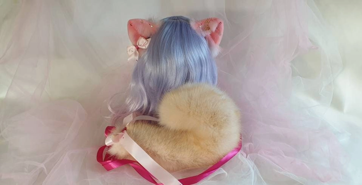 Sakura Ears Puppy Shiba inu  Curled Tail Blonde Pink Samoyed Pomeranian Cat Fold ears kitten Headband Floppy Dog Cosplay Faux Fur Costume