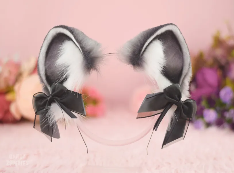 Faux Fur Racoon Ears on headband in Black Gray, White made from high quality faux fur vegan cruelty free - Made To Order