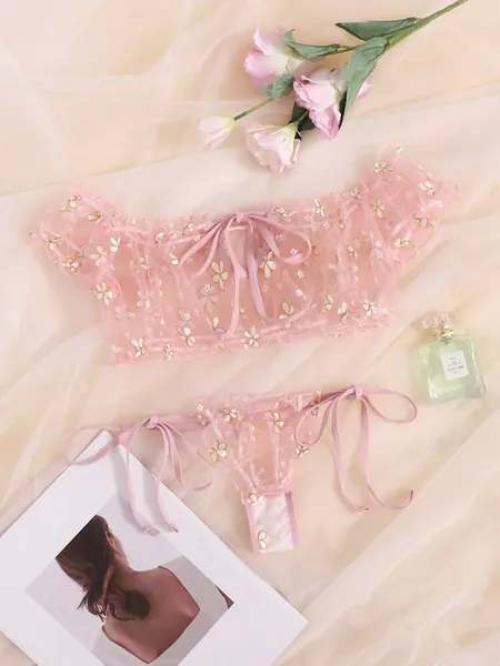 Floral Print Sheer Mesh Lingerie Set