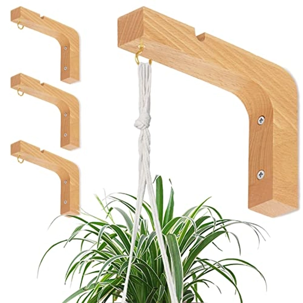 DSVENROLY 4 Pack Wooden Hanging Plant Hooks, Premium Beech Wood Wall Plants Hangers Indoor, Decorative Wall Mounted Hanging Plant Bracket Hanger for Planter Flower Basket Pot Wind Chimes Lanterns