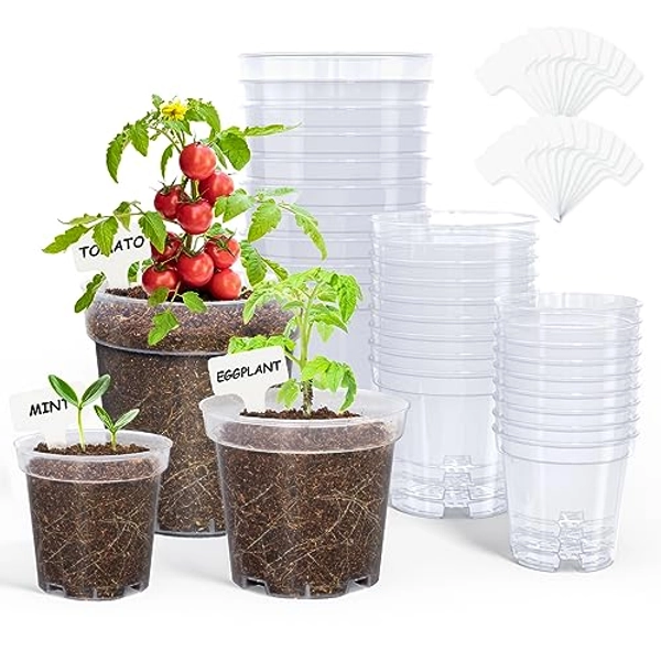 HOMENOTE Clear Nursery Pots for Plants,3/4/5 Inch Seedling Pots with Drainage Holes Plant Pot for Planting Flower Indoor Seed Starter Pot Outdoor High Transparency with Bonus 20 Plant Labels (30 Pack)