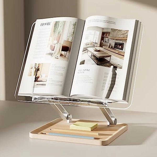 Adjustable Acrylic Book Stand for Reading, UPERGO Book Holder with Pen Slot, Foldable Desktop Riser for Laptop, Recipe, Textbook - Hands-Free,Cookbook Stand, Clear Design with Page Clips