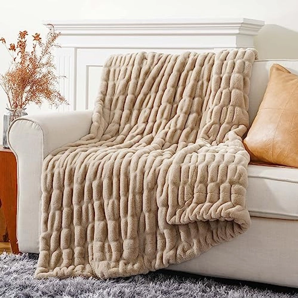BATTILO HOME Beige Faux Fur Throw Blanket, Double Side Reversible Ruched Rabbit Fur Blanket for Couch, Bed, Cozy Soft Warm Mink Blanket, 50x60 Inches