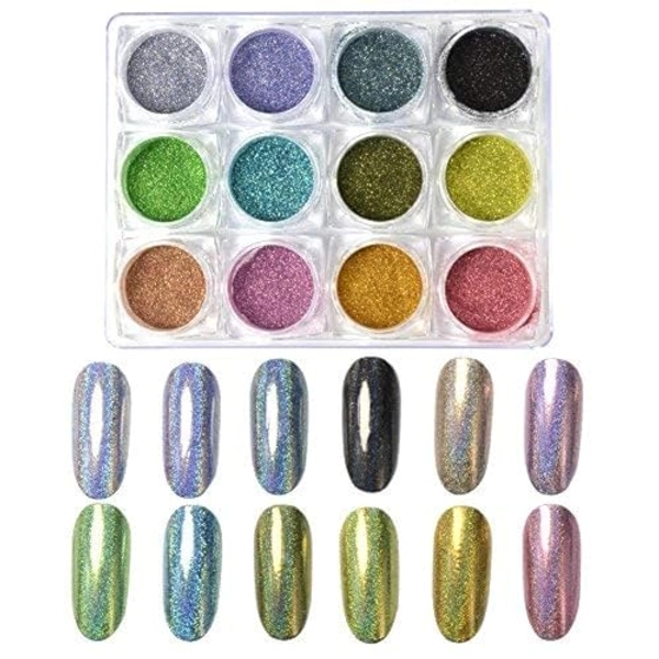 MEILINDS 12 Jars Chrome Nail Powder Kit Metallic Mirror Effect Holographic Aurora Iridescent Pigment 1g/Jar for Nail Art Gel Polish Mermaid Dipping Powder for Nails Art Decoration