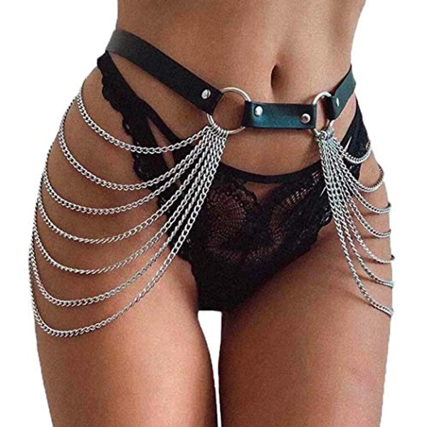 Victray Punk Black Waist Chain Belt Leather Layered Belly Body Chains Rave Body Jewelry Accessories for Women and Girls