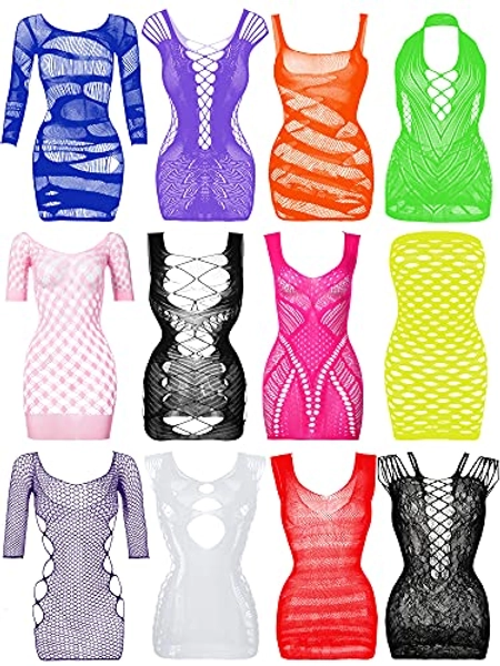 12 Pieces Women's Fishnet Lingerie Mesh Babydoll Bodysuit Lace Smock Lingerie for Women