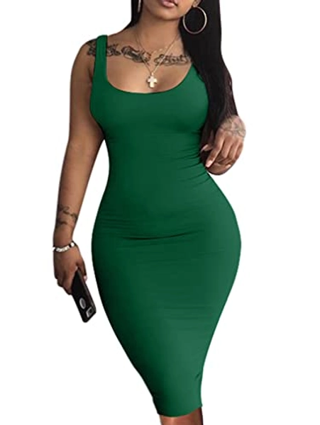 LAGSHIAN Women's Sexy Bodycon Tank Dress Sleeveless Basic Midi Club Dresses