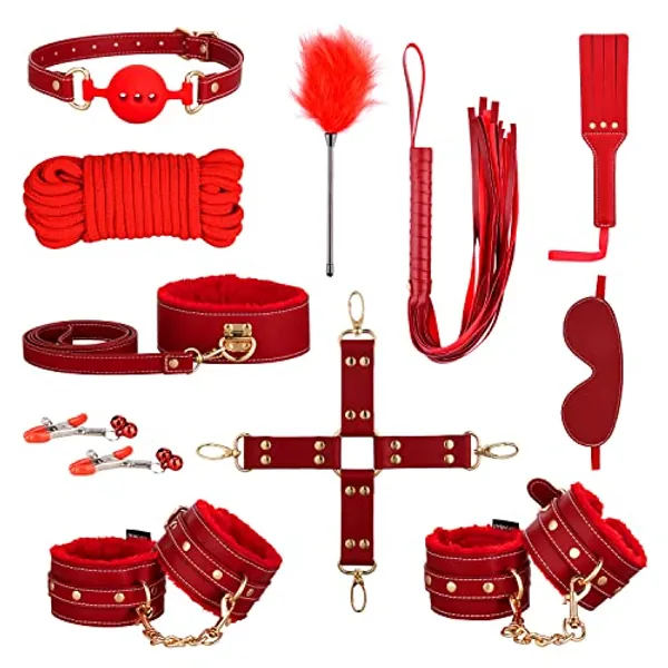Sex Bondage BDSM Kit Restraints - UTIMI Upgrade 11PCS Sets with Adjustable Handcuffs Collar Ankle Cuff Blindfold Feather Tickler Adult Games Sex Toys for Men Women and Couples Foreplay | Red