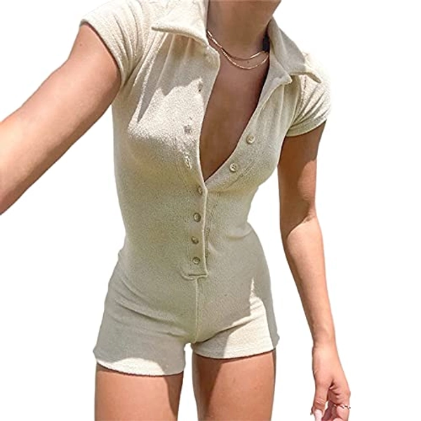 Kaipiclos Women Sexy Y2K Short Sleeve Bodycon Jumpsuit Print Pattern Buttons Overalls Playsuit One Piece Rompers