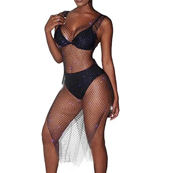 FlyCC Women Sexy See Through Mesh Beach Bikni Swimsuit Sleeveless Cover up Rhinestone Midi Dress