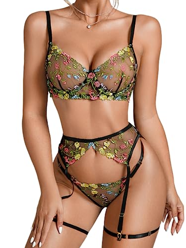Kaei&Shi Vibrant Floral Embroidery, Underwire, Thong, Thigh Straps, Lingerie Set - 8-10 - Black