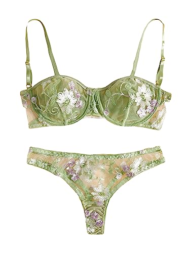Cozyease Women's 2 Piece Mesh Floral Embroidered Underwire Thong Panties Lingerie Set - Medium - Mint Green