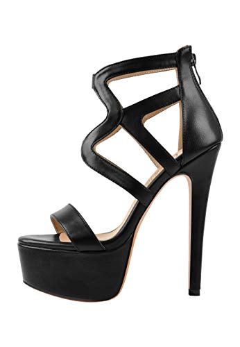 richealnini Women's Crisscross Platform Stiletto High Heels Strappy Sandals with Zipper - 8 - Matte Black