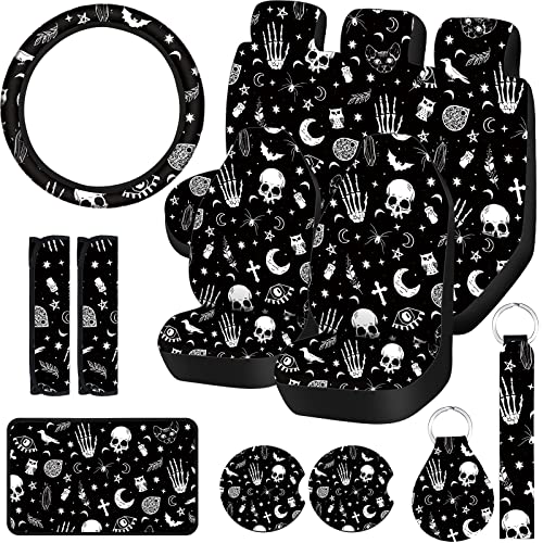 15 Pieces Moon and Stars Car Seat Cover Full Set for Women Men Upgrade Thick Car Front Seat Covers Universal Steering Wheel Cover Separate Headrest Cover Seat Belt Pads(Skeleton Cat Pattern)