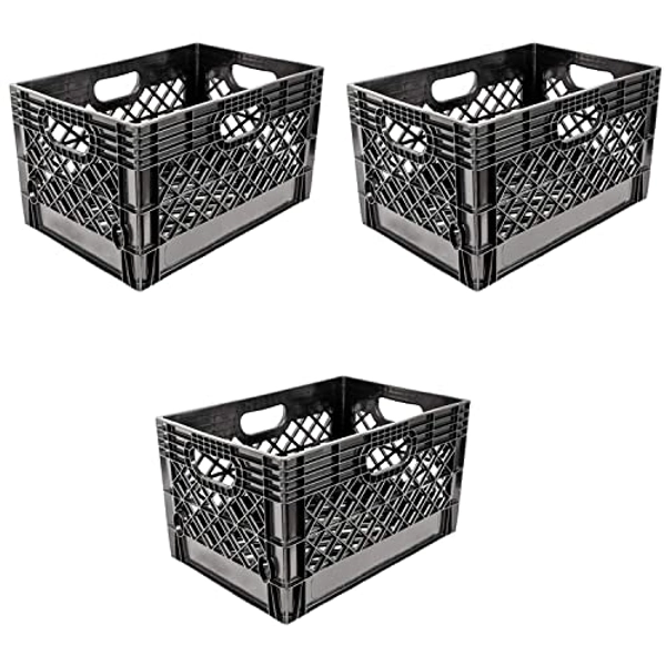 Juggernaut Storage 24 Quart Indoor Outdoor Stackable Heavy-Duty Storage Milk Dairy Crate with Handles for Home, Office, or Garage, Black (3 Pack)