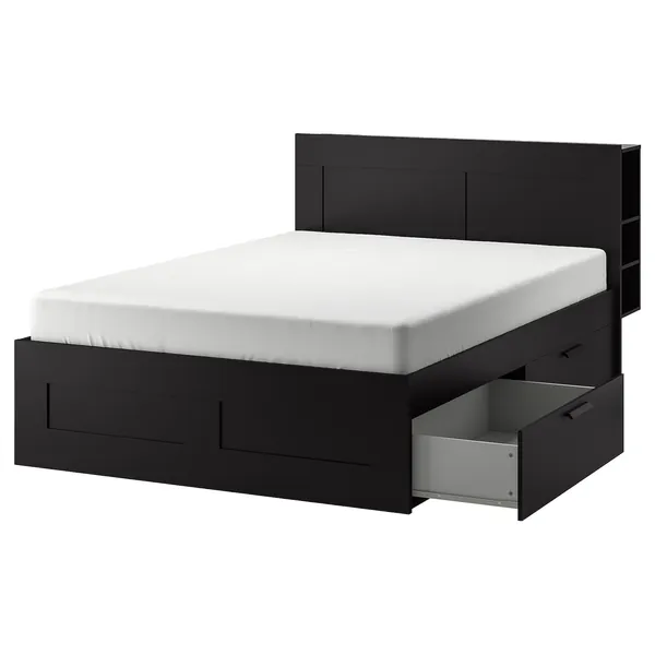 BRIMNES Bed frame with storage & headboard - black/Luröy Queen
