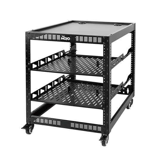 Tecmojo 12U Open Frame Network Rack for Servers&AV Gear, Server Rack 4-Post with casters, Mobile Server Rack with 2 PCS 1U Server Rack Shelf & Mounting Hardware, AV Rack for 19" Network/Servers/Audio - 12U