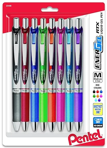 Pentel® EnerGel RTX Pens, 0.7 mm, Medium Point, Assorted Ink Colors, Pack Of 8 - Black; Blue; Red; Green; Orange; Pink; Sky Blue; Violet