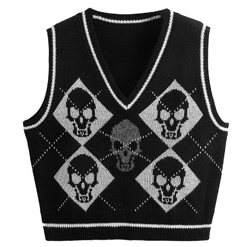 Black and White Skull Checkerboard Goth Sweater Vest - Black / M