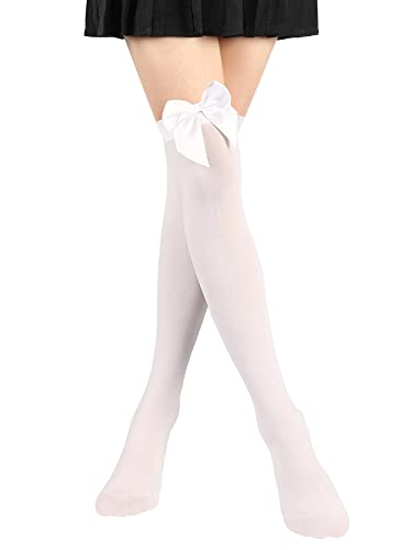 SATINIOR Satin Bow Stockings Women Opaque Thigh High Stockings Over Knee Long Stockings - Large - White