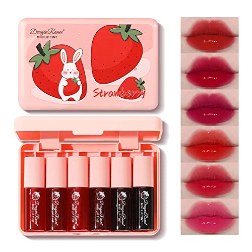 Eakroo 6 Colors Lip Tint Stain Mini Liquid Lipstick, Korean Lip Gloss Moisturizing Natural, Multi-Use Lip and Cheek Tint, Non-Stick Cup, Lightweight, High Pigment, Long-Lasting, Vivid Color - Strawberry