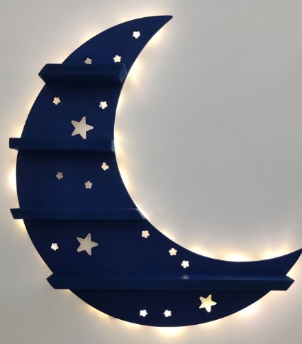 Zekiel Blue Crescent Moon Shelf with LED Back Lights Stars Wall Decor for Crystals, Stones, Essential Oils, Salon Beauty Products, Nail Polish, Nursery, Day Spa 15.3 Inches X 13.3 - 