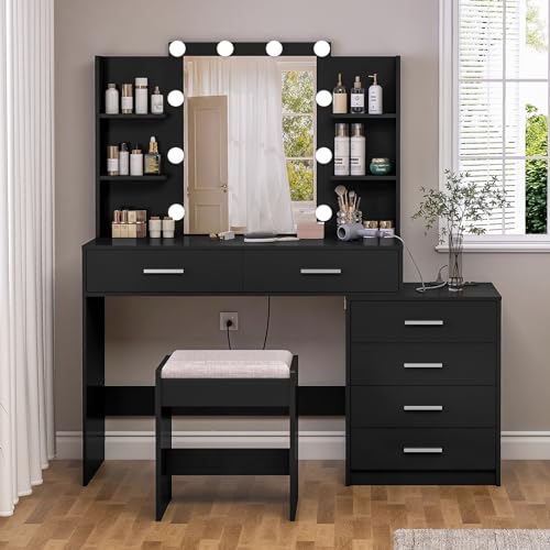 FIONESO Vanity Desk Set with Mirror & Power Outlet, 6 Drawers, 6 Open Shelves, 10 Light Bulbs, 3 Light Color, 48” Storage Makeup Vanity Dressing Table with Stool Bench for Women, Girls, Black - Black