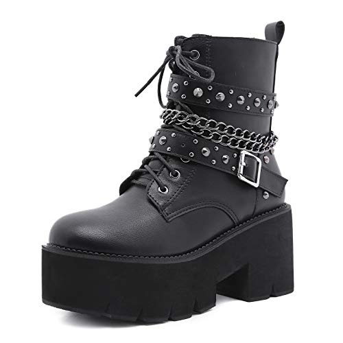 YIYA Women's Black Goth Platform Ankle Boots with Bat Wing Buckles Chunky Block Heels Round Toe Zipper Punk Motorcycle Combat Boots Comfy Short Gothic Booties - 11 - Black 7