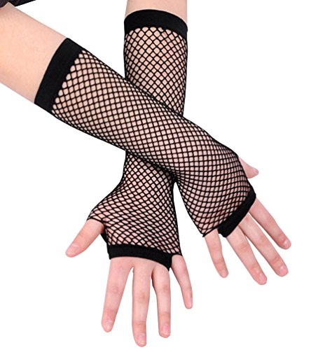 Ayliss 2 Pairs Long Short Fishnet Gloves 80s Goth Punk Rock Fingerless Fishnet Gloves for Club Costume Halloween Party - Black