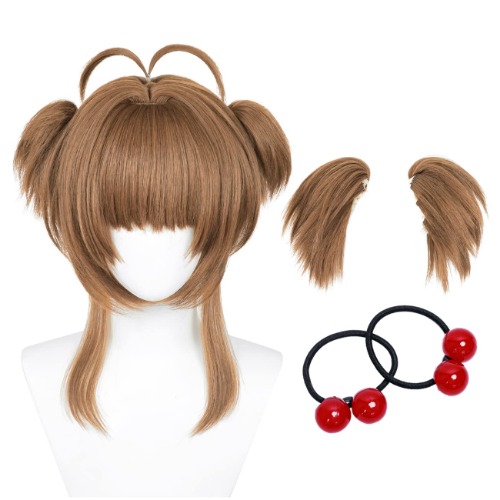 Short Brown Ponytail Wig for Cardcaptor Sakura Cosplay Wig with Red Balls Hair Bands and Buns for Women Girl Halloween Costume Party Wigs