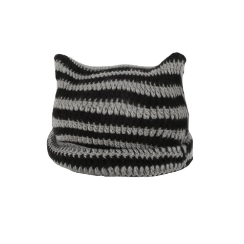 Women Girls Boys Teens Cute CAT Kitty Ears Hats, Winter Warm Knitted Stripe Grunge Accessories Slouchy Headgear - Black Stripe