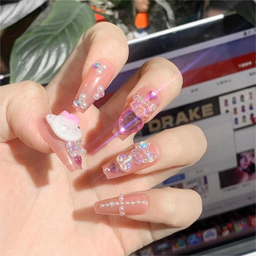 Nail Apparel Y2K Long Coffin Cute Kawaii Press on Nails 3D Cartoon Hot Pink Rabbite Black Pink Daisy Duck Glitter Rhinestone Heart Pearl Bow Flame Long Ballet Trapezoid Fake Nails 24Pcs (Pink Pearl Cross) - Pink Pearl Cross
