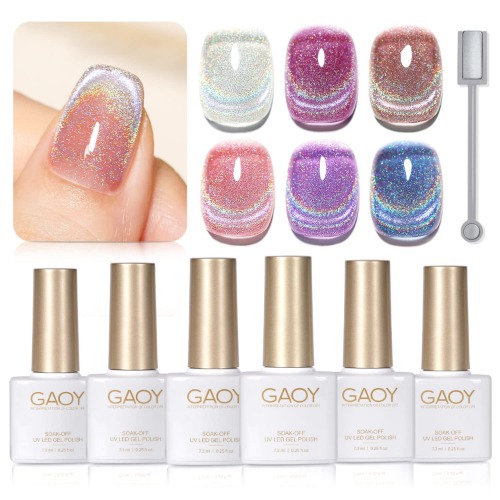 GAOY Rainbow Glitter Cat Eye Gel Nail Polish Set, 6 Holographic Sparkle Colors Gel Nail Kit for Nail Art DIY Manicure and Pedicure at Home - Rainbow Cat Eye